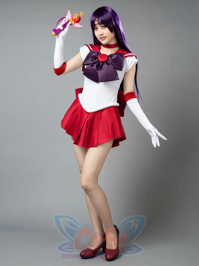 Sailor Mars cosplay costume full front view sets the purple bow over a red pleated skirt