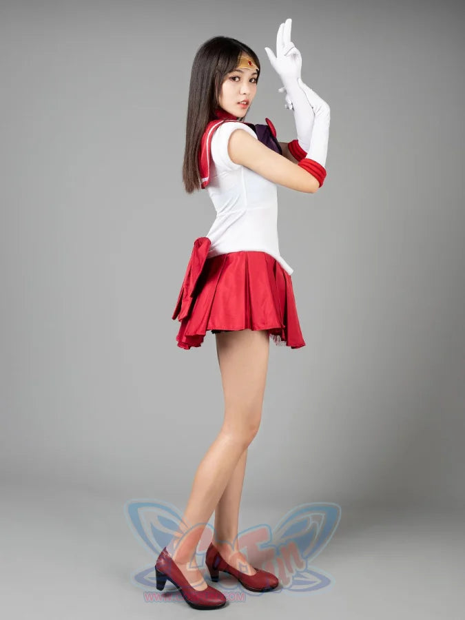 Sailor Mars cosplay costume styled pose balances the purple chest bow above red pleats