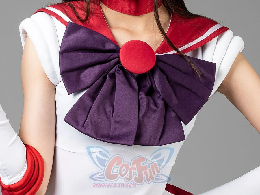 Sailor Mars cosplay waist bow detail spreads purple satin over layered red skirt pleats