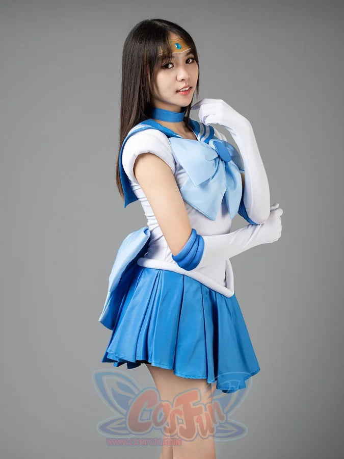 Sailor Mercury cosplay costume angled pose frames the white bodice between gloves and blue skirt folds