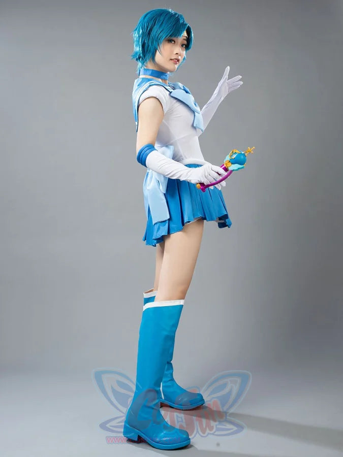 Sailor Mercury cosplay costume front pose balances the pale blue chest bow above crisp pleats
