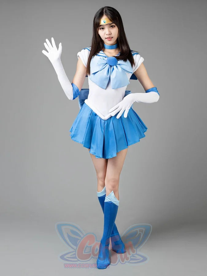 COSFUN Sailor Mercury cosplay costume sets a blue bow over a white bodice and bright blue pleats