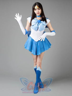 Sailor Mercury cosplay costume front view centers a pale blue bow above the bright pleated skirt