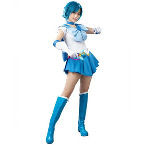 COSFUN Sailor Mercury cosplay costume sets a blue bow over a white bodice and bright blue pleats