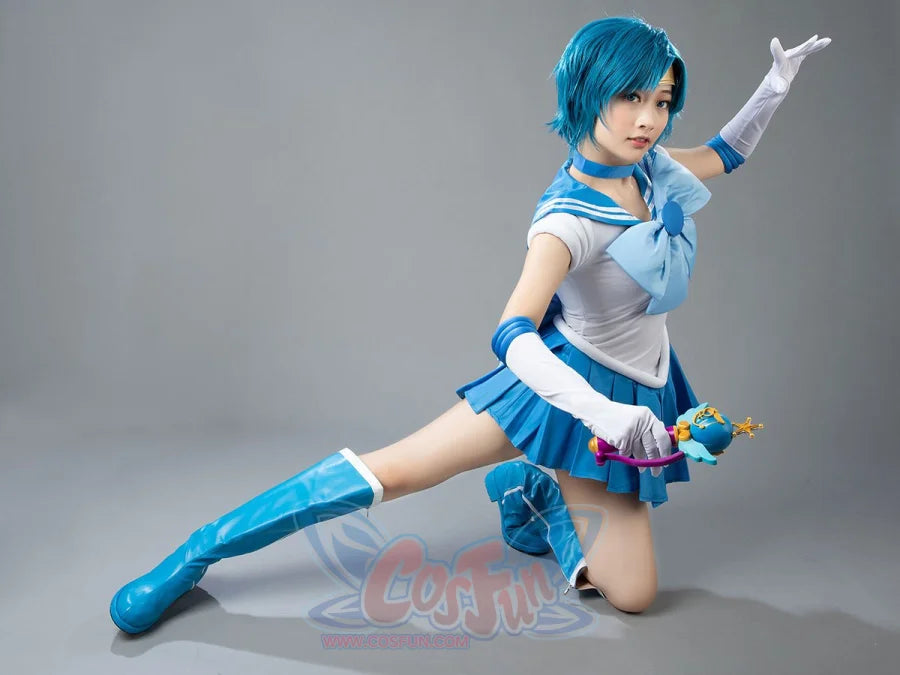 Sailor Mercury cosplay back bow detail anchors pale blue satin over the pleated skirt panels