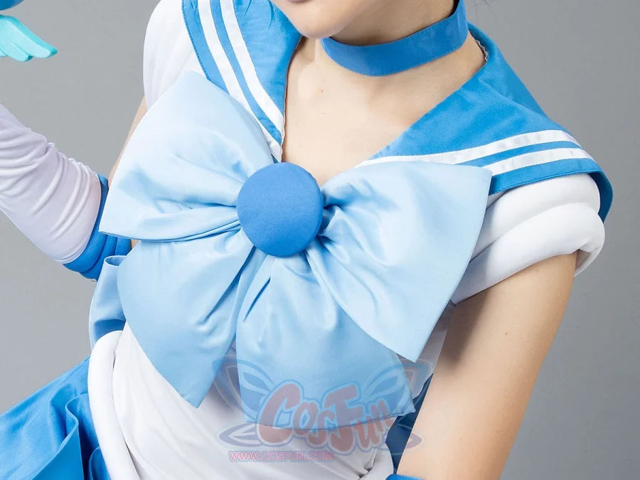 Sailor Mercury cosplay bow close-up gathers blue satin around the bright gem-like center