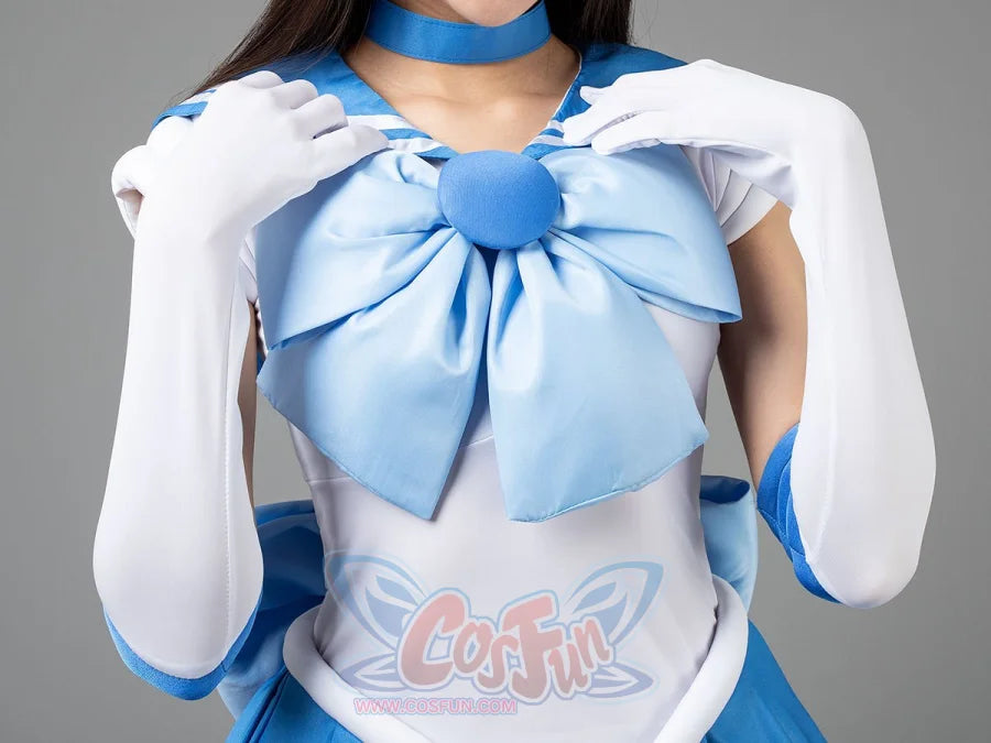 Sailor Mercury cosplay chest bow detail gathers pale blue satin beneath the gem-like center