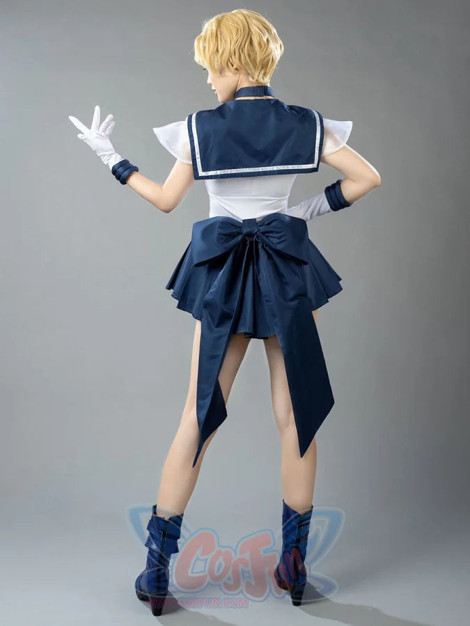 Sailor Uranus Haruka Tenoh Amara cosplay costume balances a large back bow against dark blue boots and star choker.