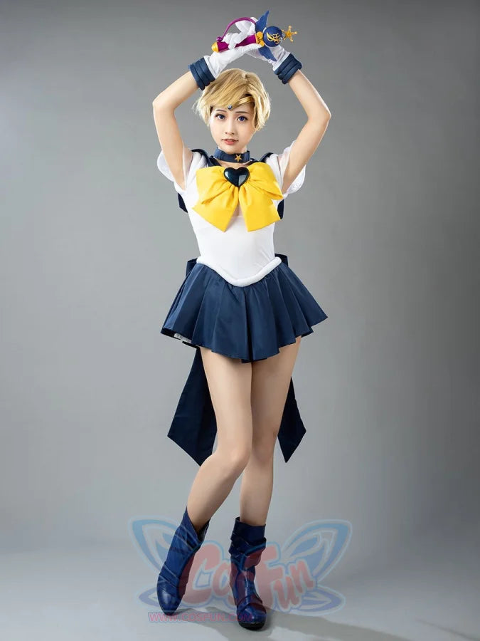 Sailor Uranus Haruka Tenoh Amara cosplay costume pairs a navy collar and skirt with a white bodysuit and gold tiara.