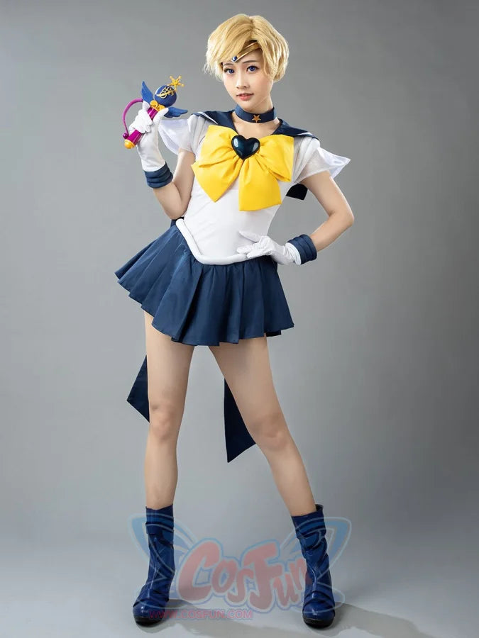 Sailor Uranus Haruka Tenoh Amara cosplay leotard anchors a heart brooch above a dark blue pleated skirt and star scepter.
