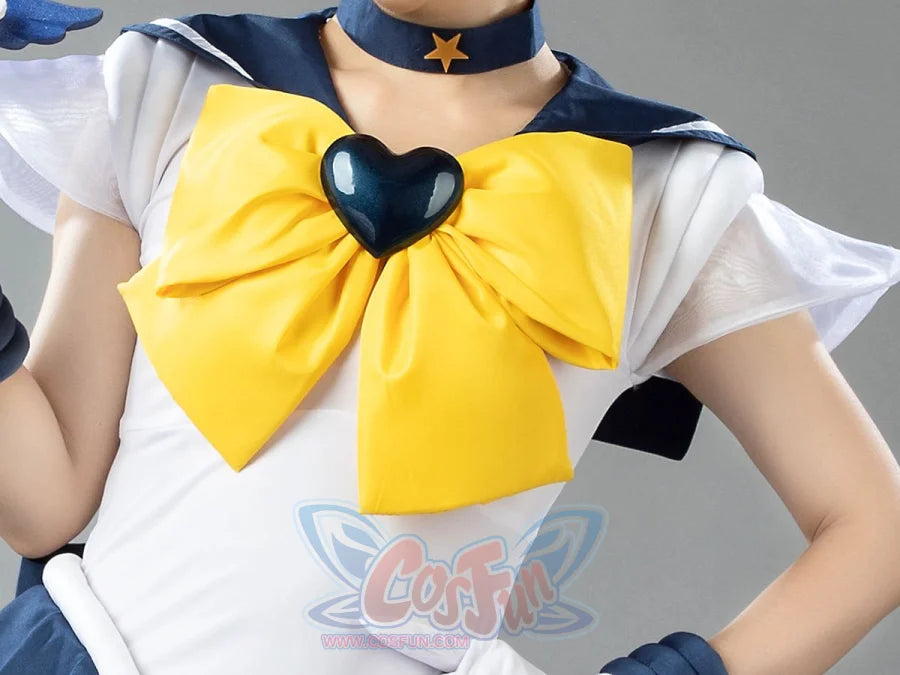 Sailor Uranus Haruka Tenoh Amara cosplay bodice centers a yellow front bow and black heart brooch over sheer puffed sleeves.