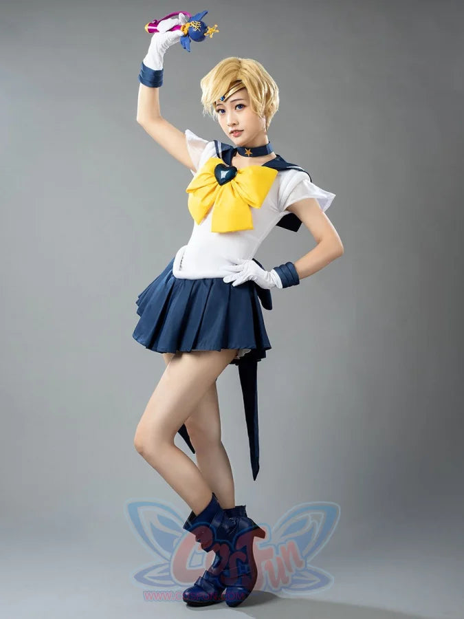 Sailor Uranus Haruka Tenoh Amara cosplay uniform layers a blue collar over a pleated skirt and yellow chest bow.
