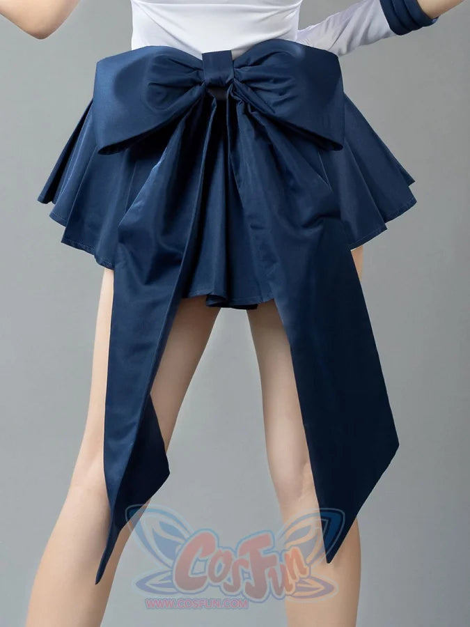 Sailor Uranus Haruka Tenoh Amara cosplay skirt drops an oversized rear bow and long trailing sashes from a dark blue satin.