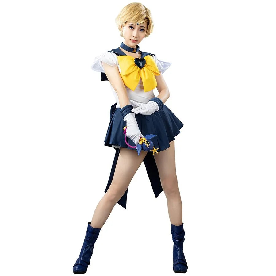 COSFUN Sailor Uranus Haruna Tenoh Amara cosplay dress pairs a navy bow and gloves with a wand and boots.