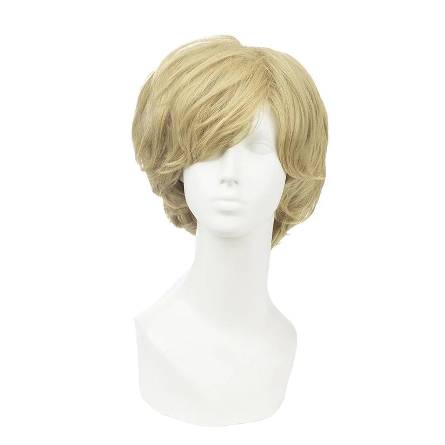 Sailor Uranus Haruka Tenoh cosplay wig layers swept bangs to the right in a short golden blonde cut.