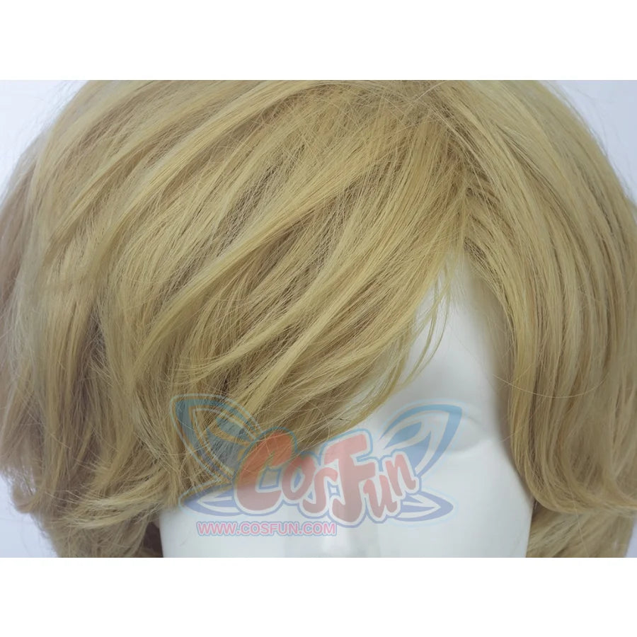 Sailor Uranus Haruka Tenoh cosplay wig centers short light blonde hair and drops soft bangs forward.