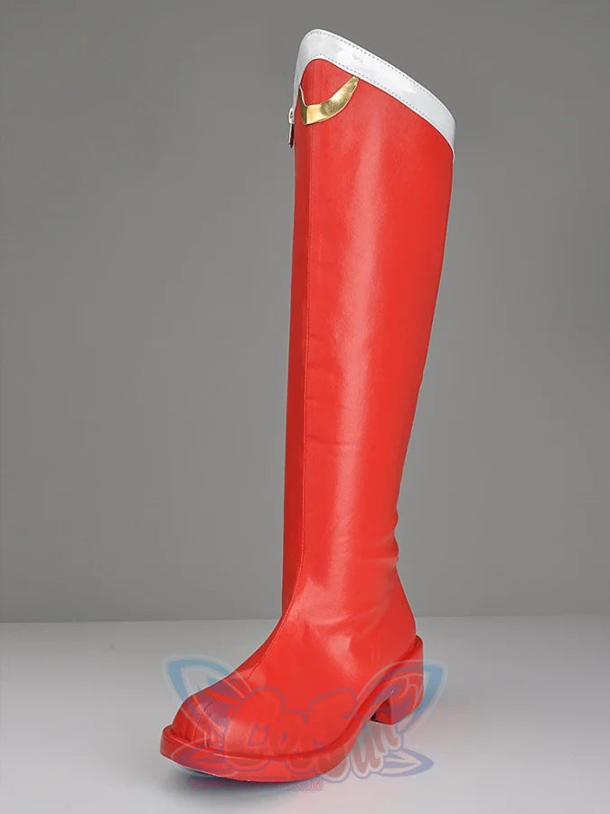 Sailor Moon Tsukino Usagi cosplay boot stands upright, the red shaft flowing into a low heel below a white cuff