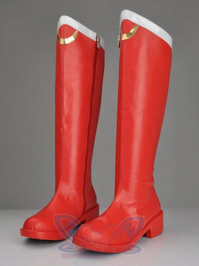 Sailor Moon Tsukino Usagi cosplay boots angle together, red faux leather rising to white cuffs edged by gold-tone moons