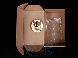 Sailor Moon Usagi Tsukino cosplay brooch back view reveals the smooth fastening side of the accessory