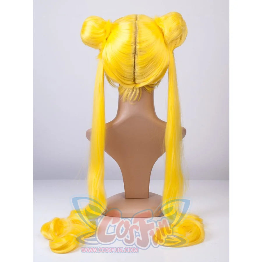 Sailor Moon Tsukino Usagi cosplay wig back view centers twin buns flowing into long yellow ponytails