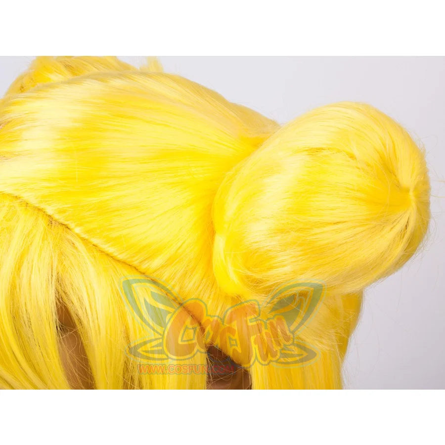 Close-up of the Sailor Moon Tsukino Usagi cosplay wig bun, wrapped smoothly over lemon yellow fibers