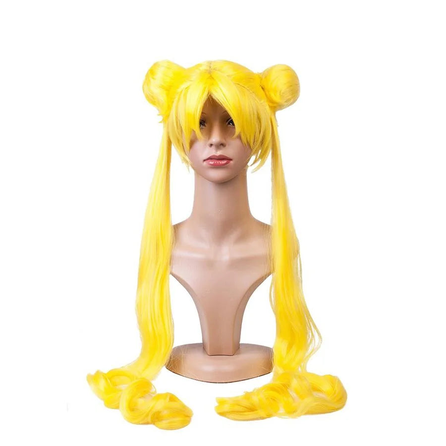 COSFUN Sailor Moon Tsukino Usagi cosplay wig frames bright bangs into round buns and twin ponytails