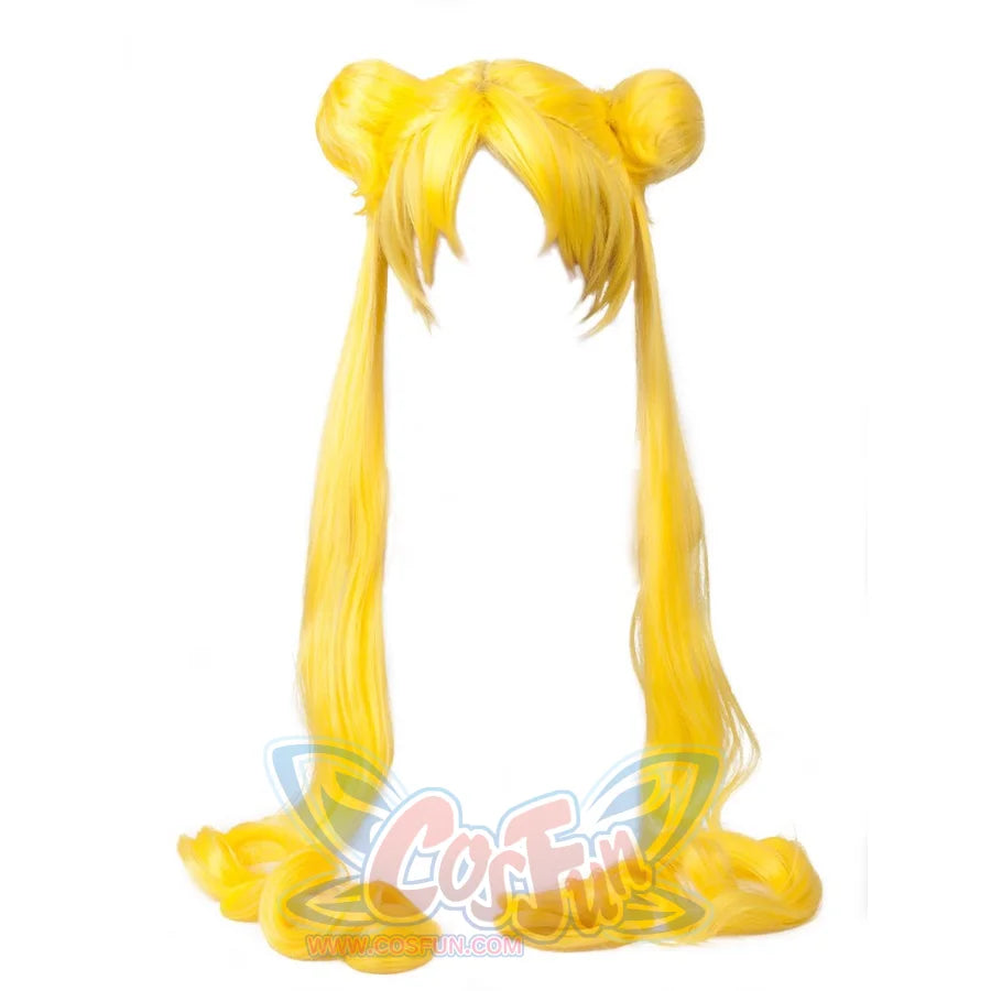 Sailor Moon Tsukino Usagi cosplay wig piece pairs round buns above yellow ponytails curling at the ends