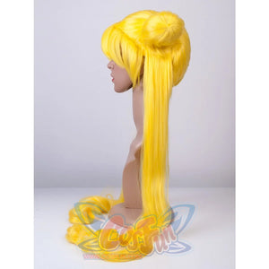 Sailor Moon Tsukino Usagi cosplay wig side profile sets a rounded bun above the long yellow ponytail