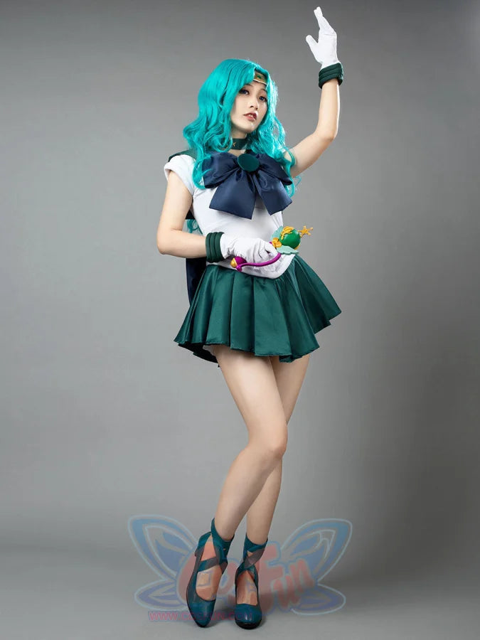 Sailor Neptune cosplay costume angled pose balances the navy chest bow above a deep green skirt