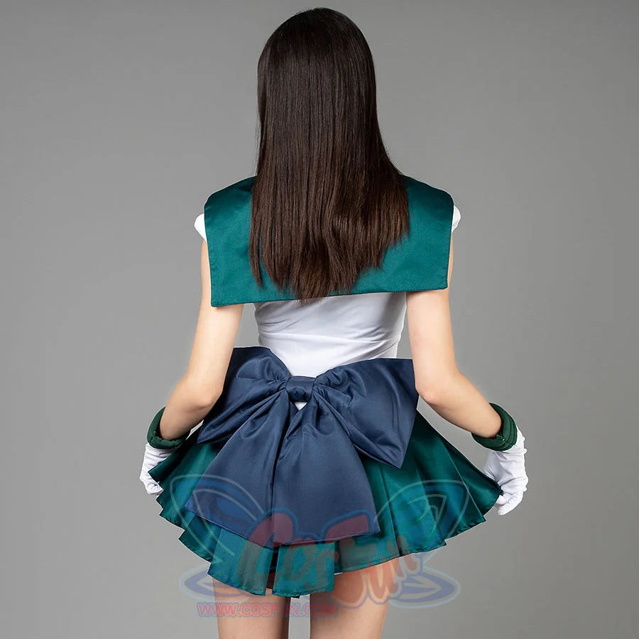 Sailor Moon Sailor Neptune cosplay costume back view anchors a large navy waist bow above the green pleated skirt.