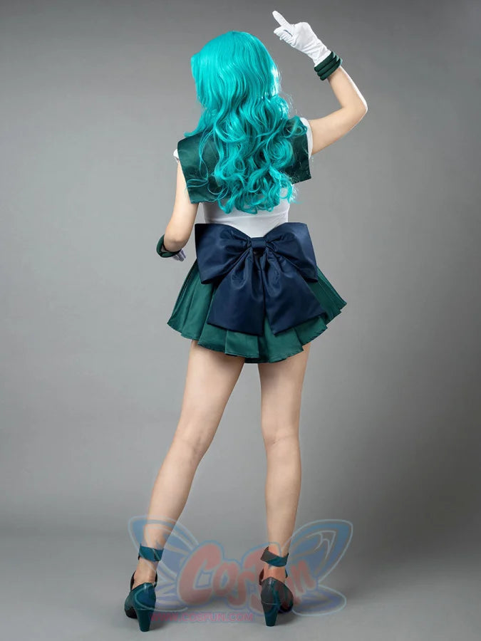 Sailor Neptune cosplay costume back view layers a large navy waist bow over the green pleated skirt