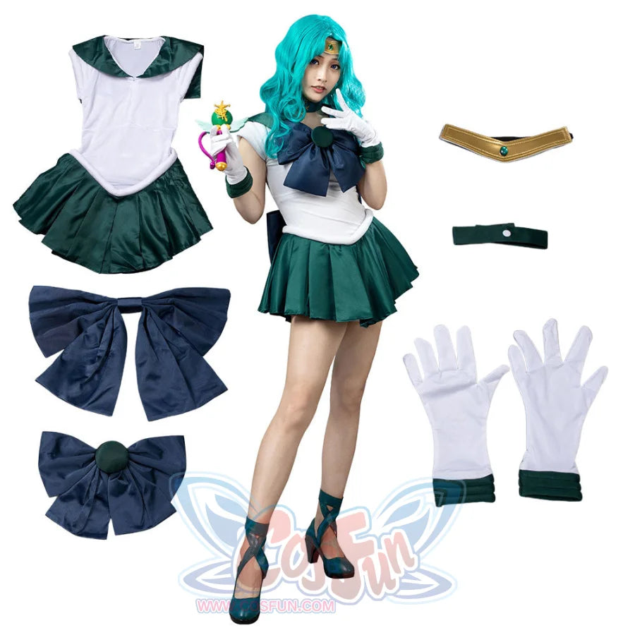 Sailor Neptune cosplay costume flat lay centers the green dress, framed by navy bows, white gloves, choker and headband
