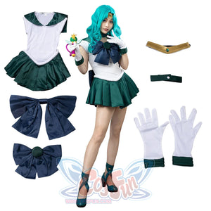 Sailor Neptune cosplay costume flat lay centers the green dress, framed by navy bows, white gloves, choker and headband