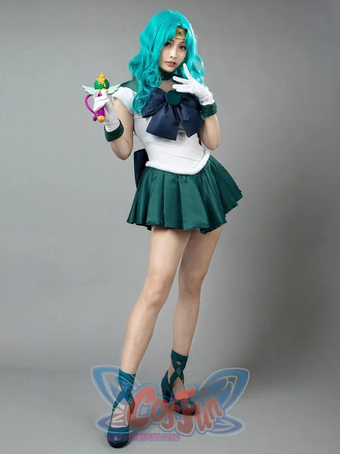 Sailor Neptune cosplay costume front pose frames the navy bow between white gloves and dark green cuffs