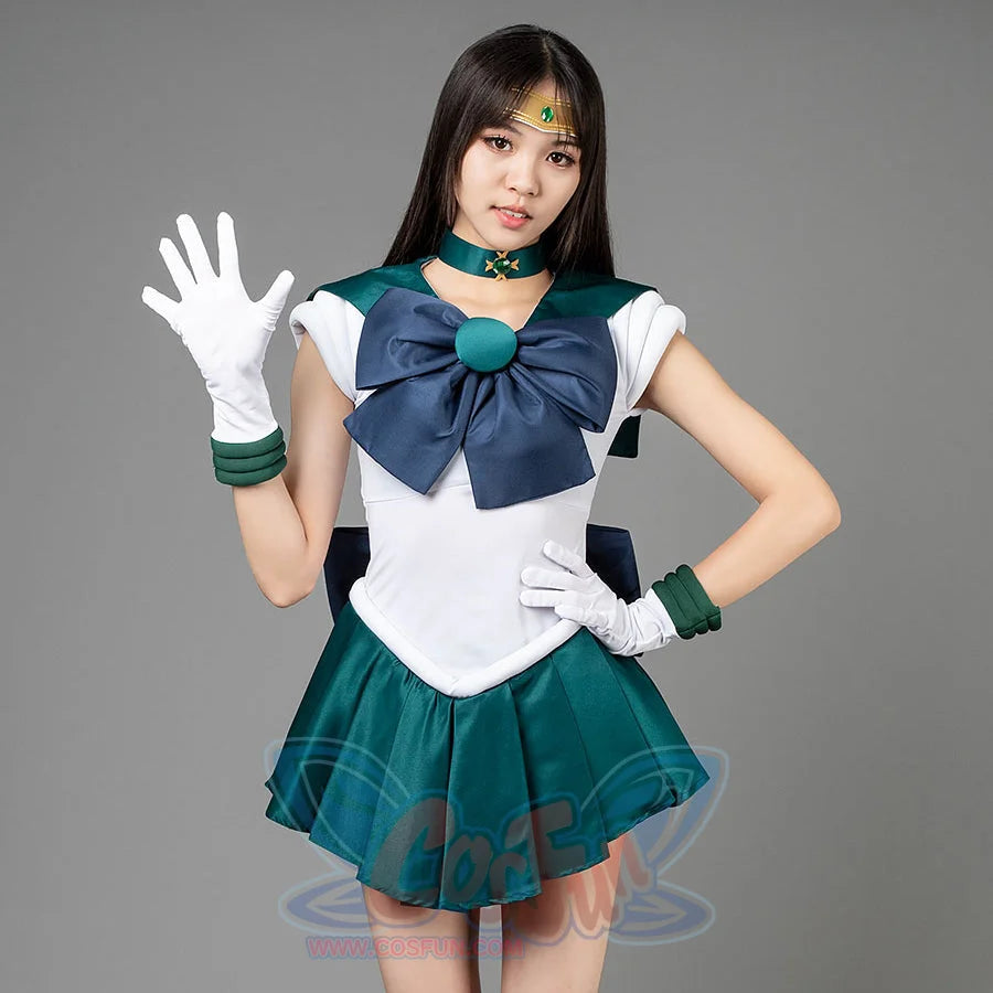 Sailor Moon Sailor Neptune cosplay costume front pose frames white gloves around a navy bow and green skirt.