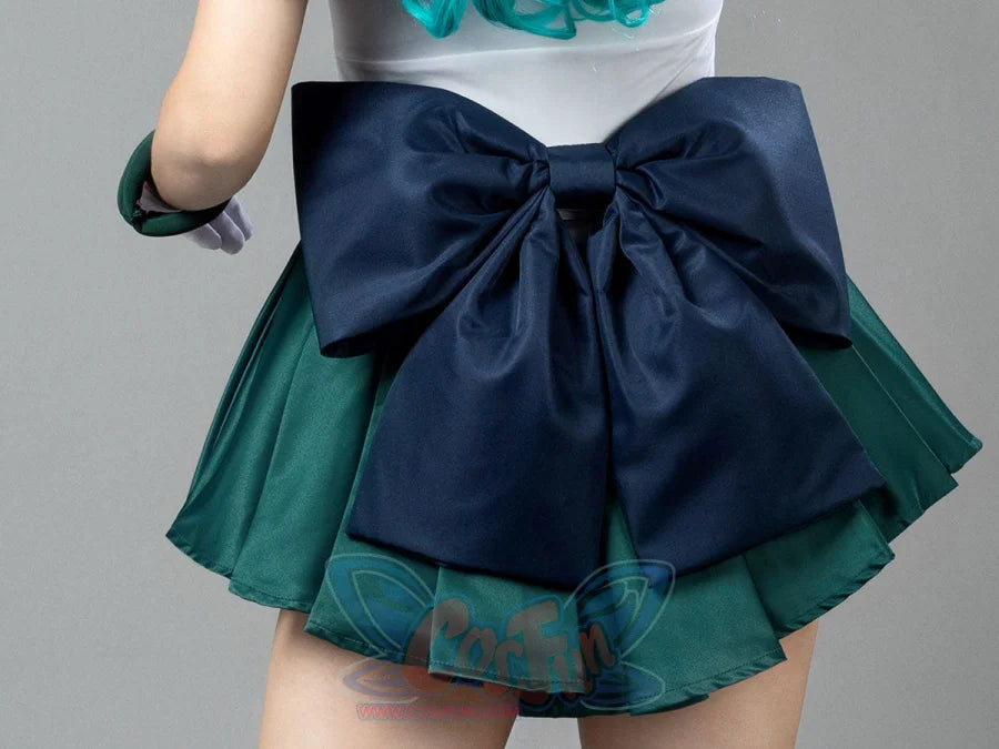 Sailor Neptune cosplay waist bow detail spreads navy satin over layered green skirt pleats