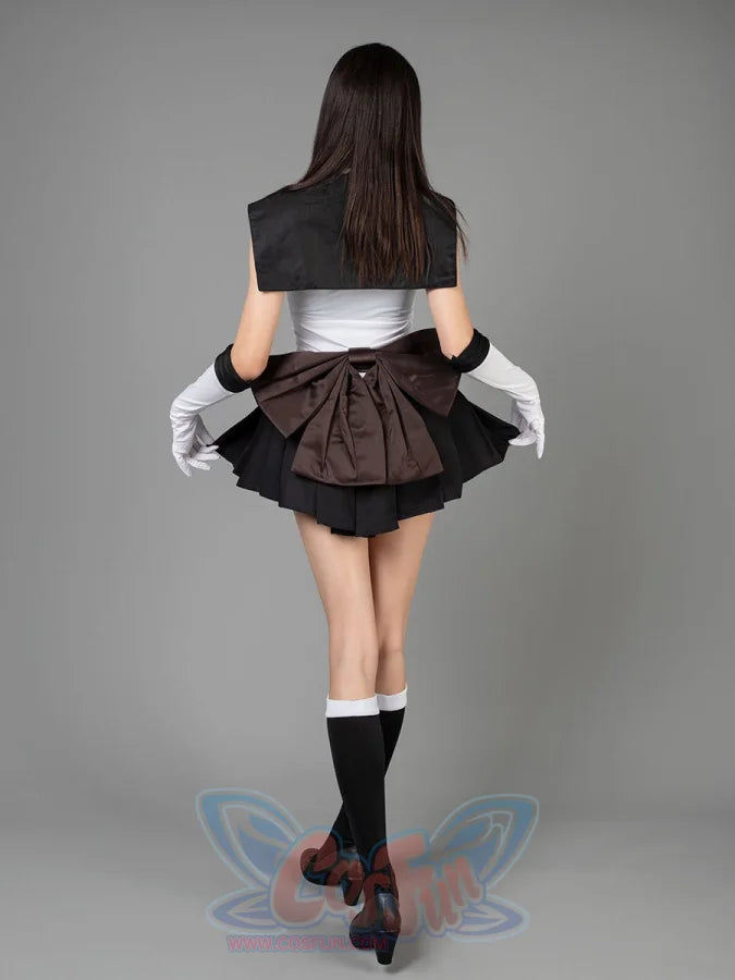 Sailor Moon Sailor Pluto Meiou Setsuna cosplay costume back view layers the black collar over a dark waist bow