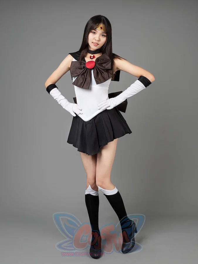 Sailor Moon Sailor Pluto Meiou Setsuna cosplay costume front pose sets a dark bow over the white bodice