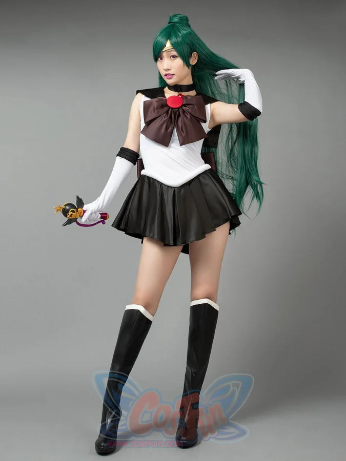 Sailor Moon Sailor Pluto Meiou Setsuna cosplay costume full front view balances the dark bow over black pleats