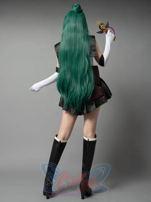 Sailor Moon Sailor Pluto Meiou Setsuna cosplay costume back view sets long green hair over the black skirt