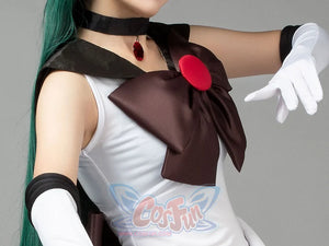 Sailor Moon Sailor Pluto Meiou Setsuna cosplay collar bow is framed by white fabric and a red gem-like center