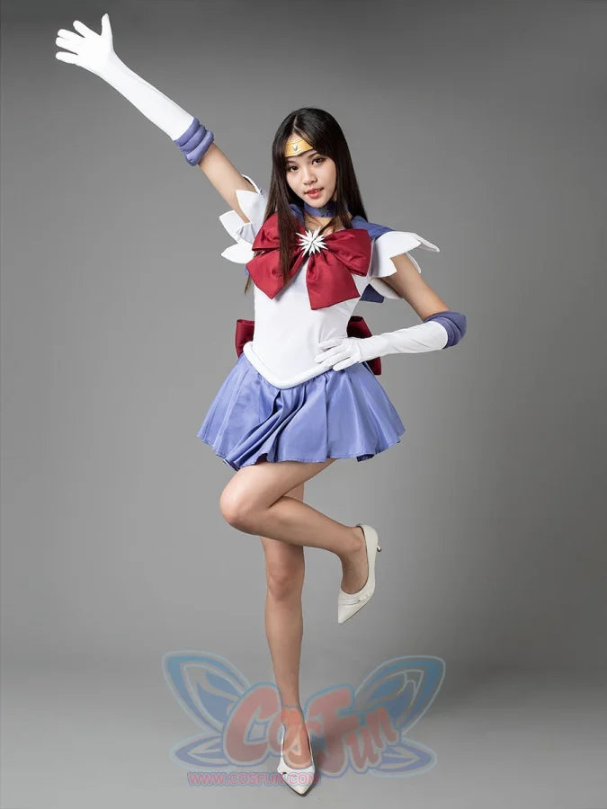Sailor Saturn Tomoe Hotaru cosplay costume action pose lets lavender pleats flare below the burgundy bow