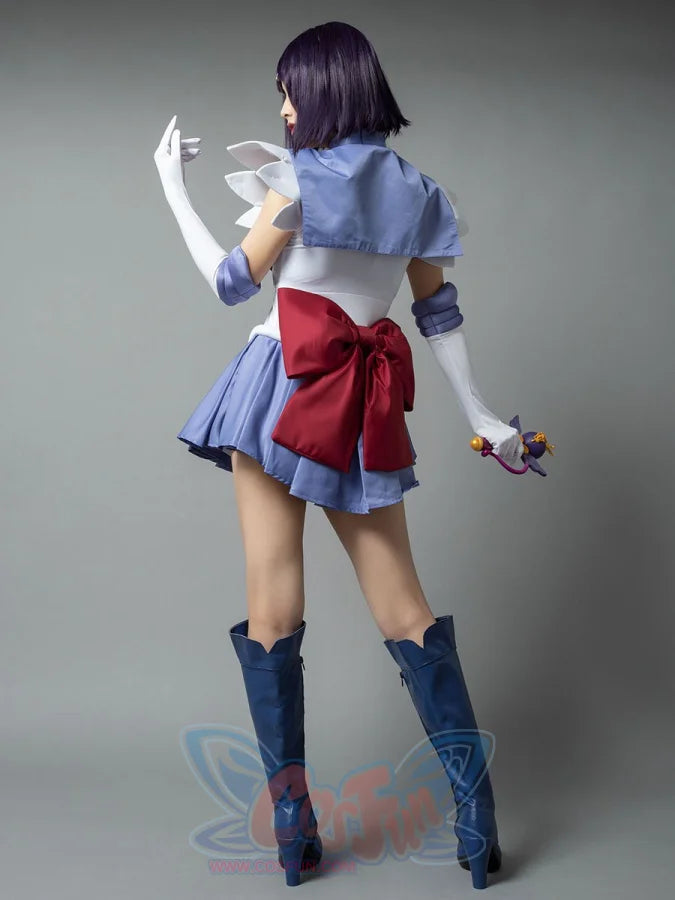 Sailor Saturn Tomoe Hotaru cosplay costume back pose layers the lavender collar over a burgundy waist bow