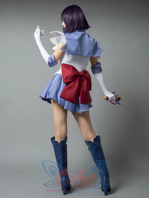 Sailor Saturn Tomoe Hotaru cosplay costume back pose layers the lavender collar over a burgundy waist bow
