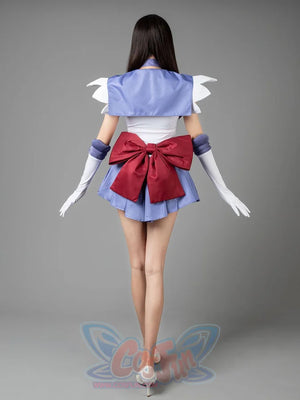 Sailor Saturn Tomoe Hotaru cosplay costume back view frames the lavender collar above a burgundy waist bow