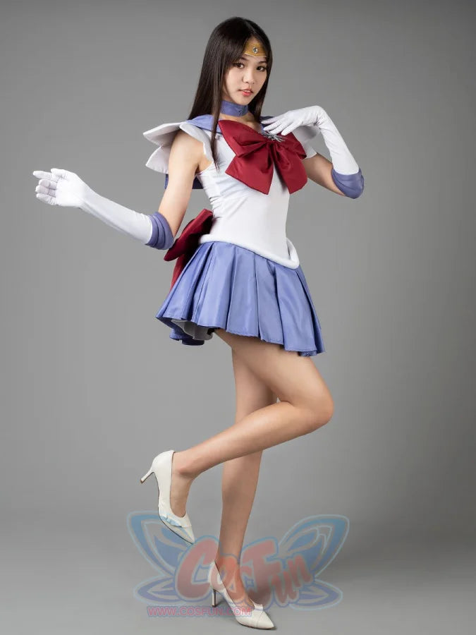 Sailor Saturn Tomoe Hotaru cosplay costume front pose centers the burgundy bow over lavender pleats