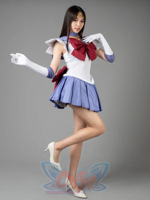 Sailor Saturn Tomoe Hotaru cosplay costume front pose centers the burgundy bow over lavender pleats