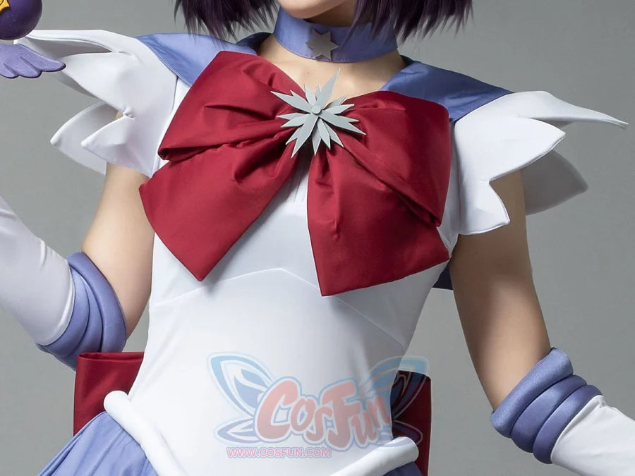 Close-up of the Sailor Saturn Tomoe Hotaru cosplay costume chest bow framed by white sleeves above lavender trim