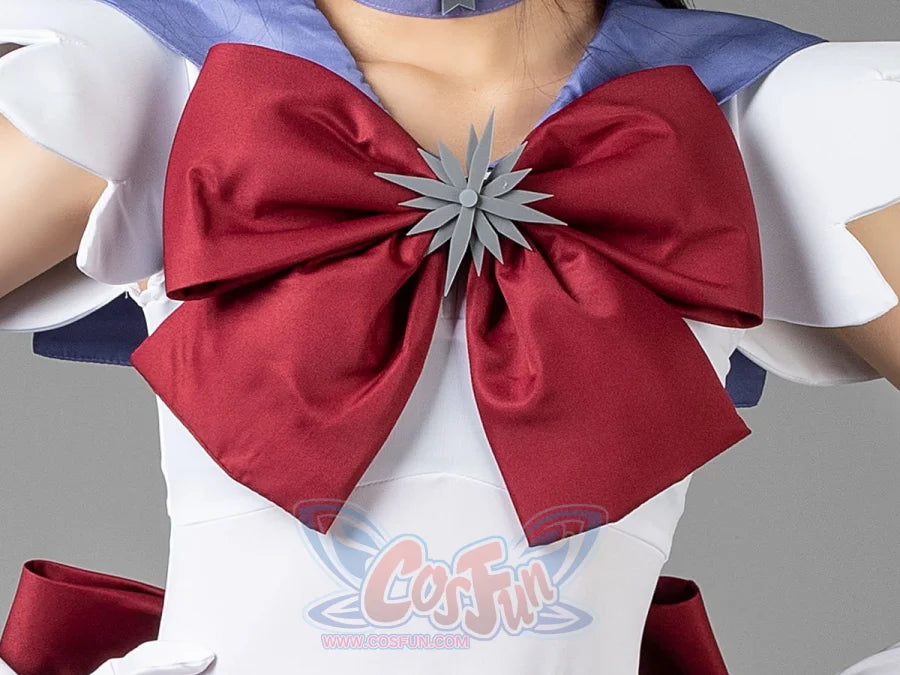 Close-up of the Sailor Saturn Tomoe Hotaru cosplay costume bow, burgundy fabric accented by a star motif