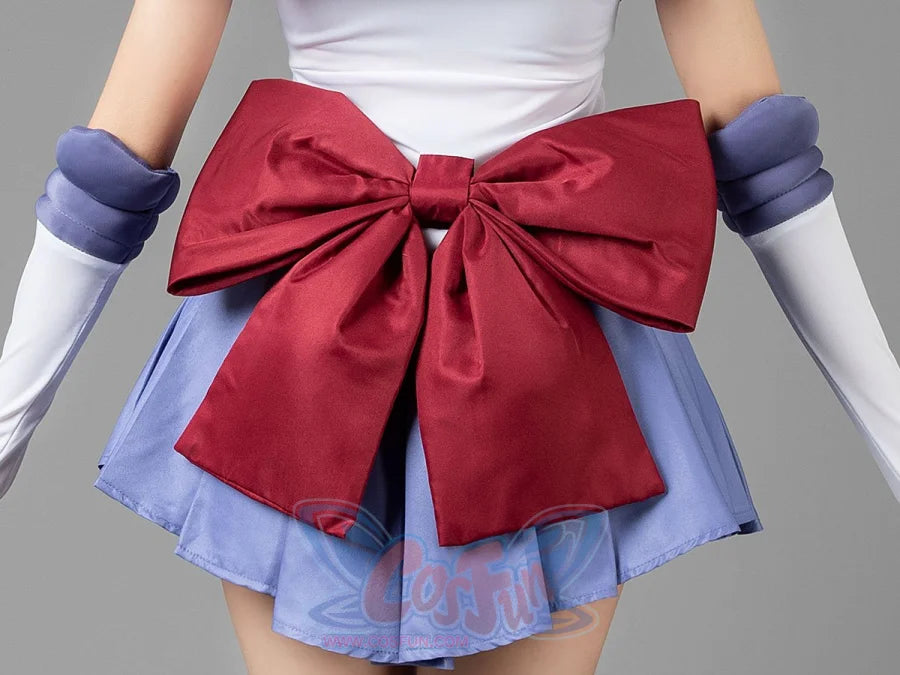 Close-up of the Sailor Saturn Tomoe Hotaru cosplay costume waist bow set over lavender pleats